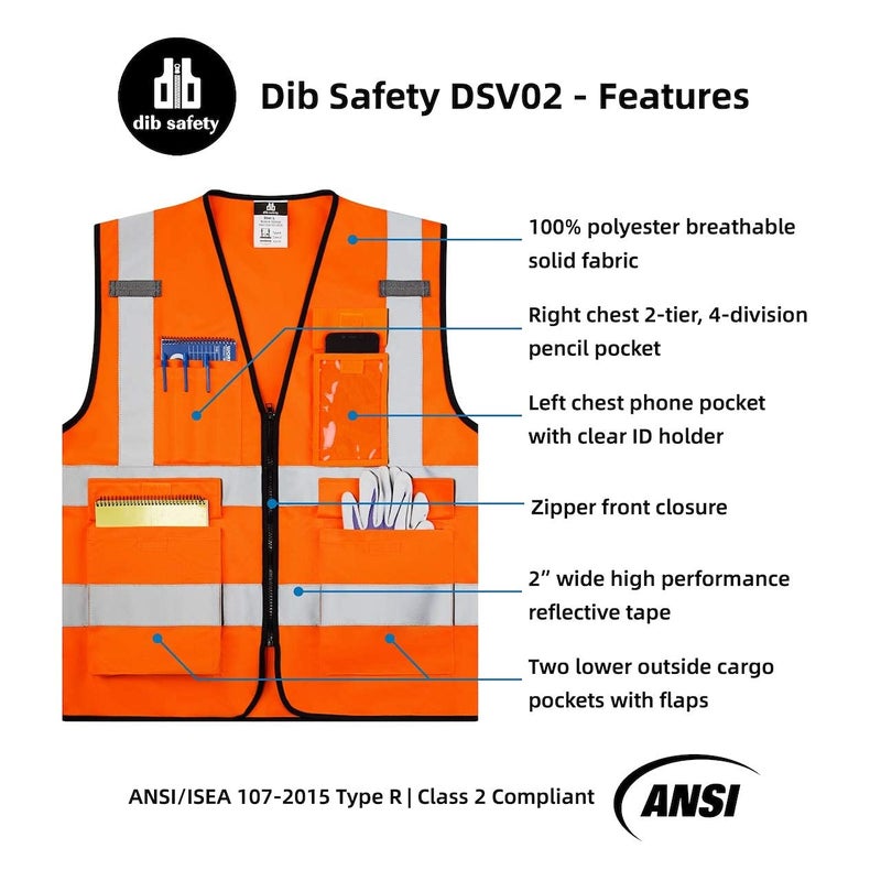 Dib Safety Reflective Vest ANSI Class 2, High Visibility Vest with Pockets and Zipper, Hi Vis Orange L - Image 5